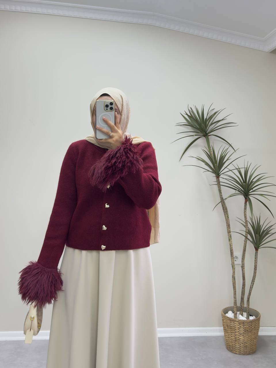 2547 - Kolu Tüylü Hırka - Bordo