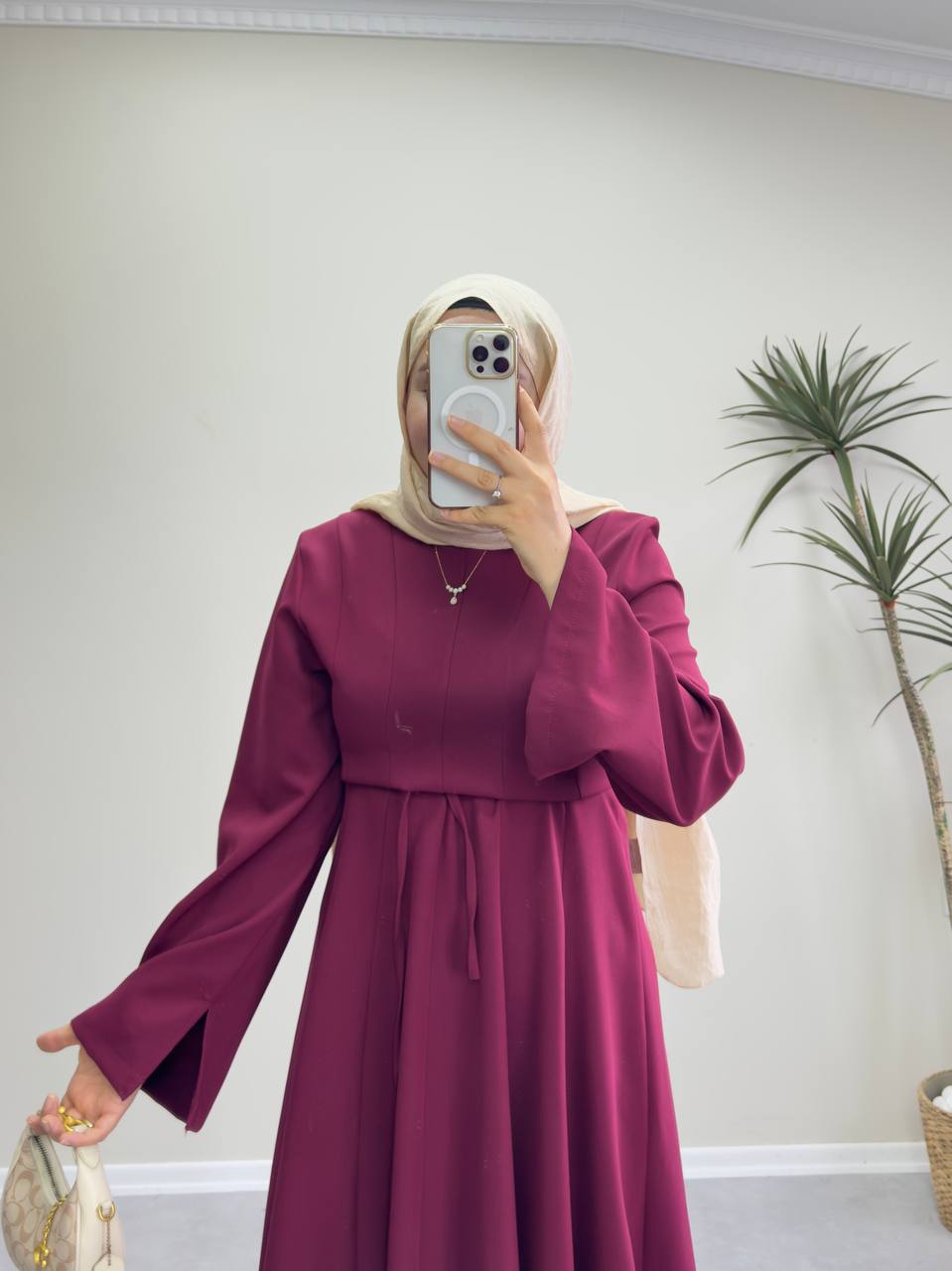 2516 - Belden Oturtmalı Kloş Elbise - Bordo