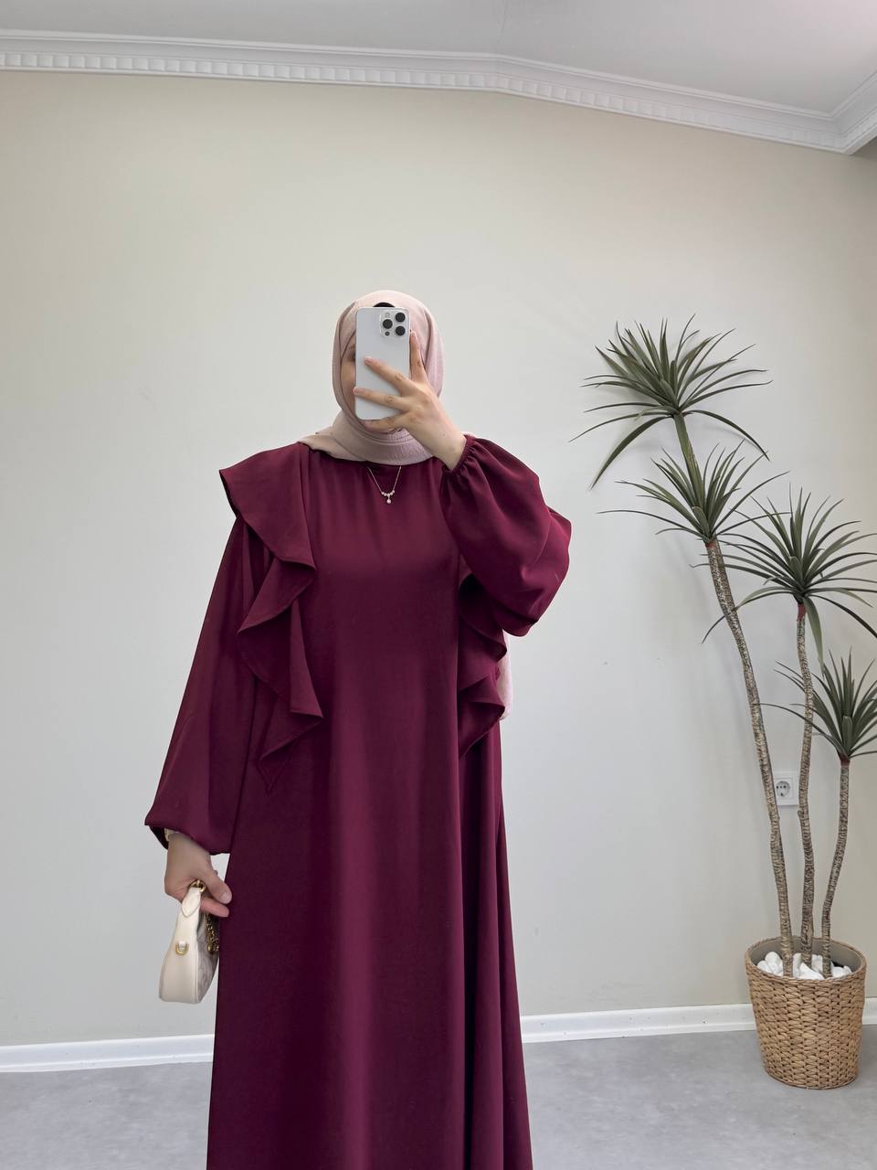 1496 - Omuz Fırfırlı Elbise - Bordo