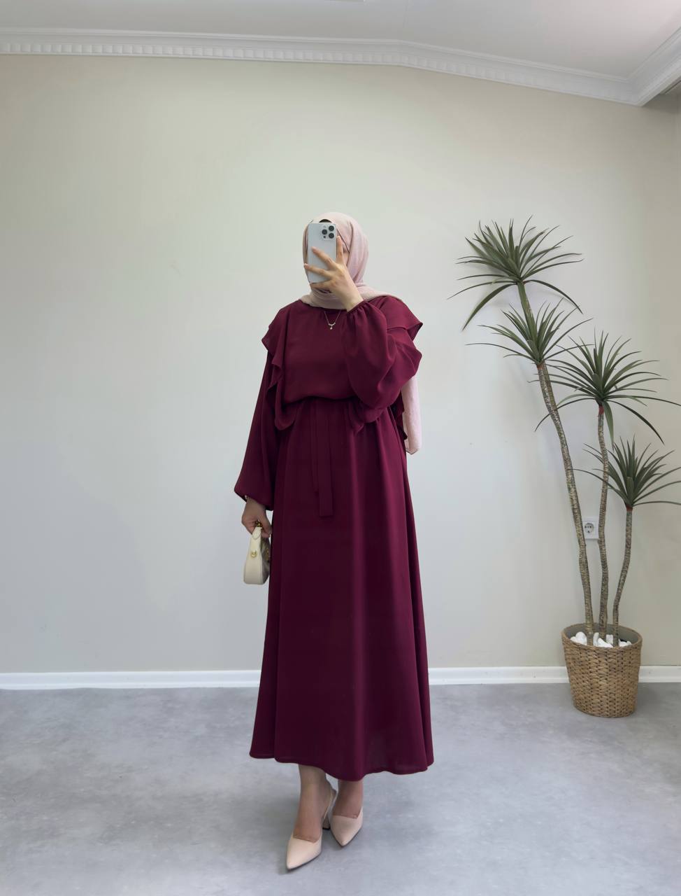 1496 - Omuz Fırfırlı Elbise - Bordo