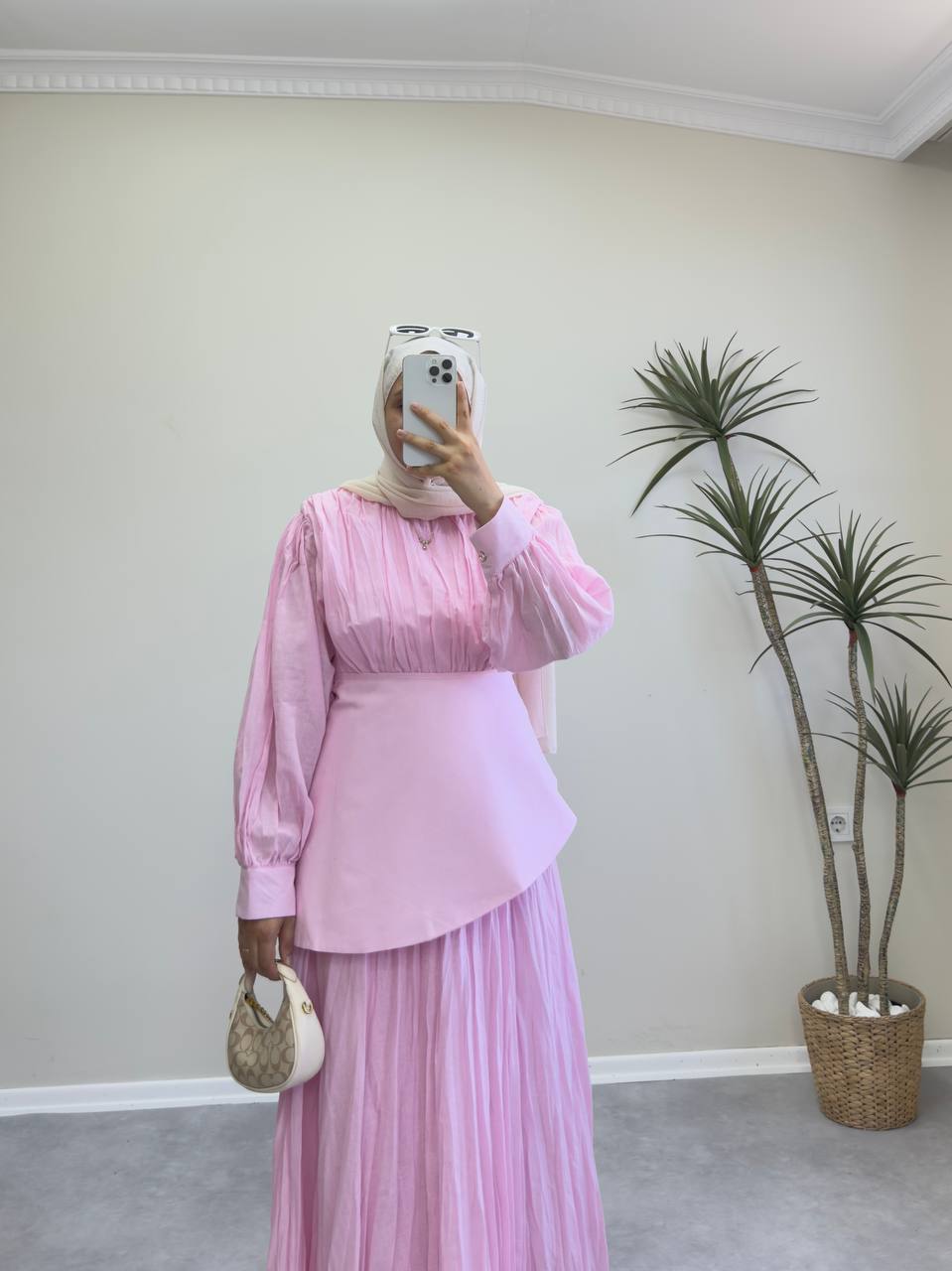 2097 - Oval Kuşaklı Vual Elbise - Pembe