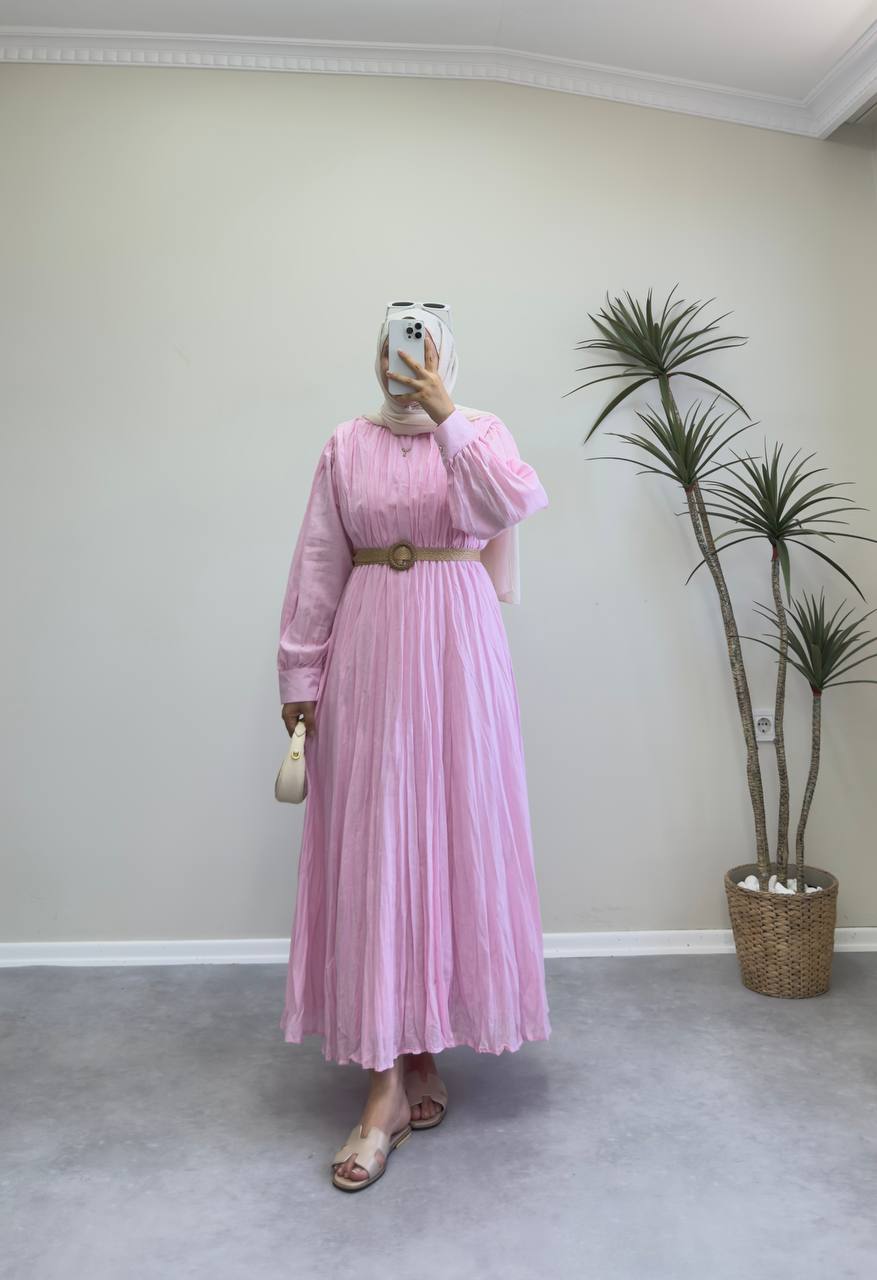 2097 - Oval Kuşaklı Vual Elbise - Pembe