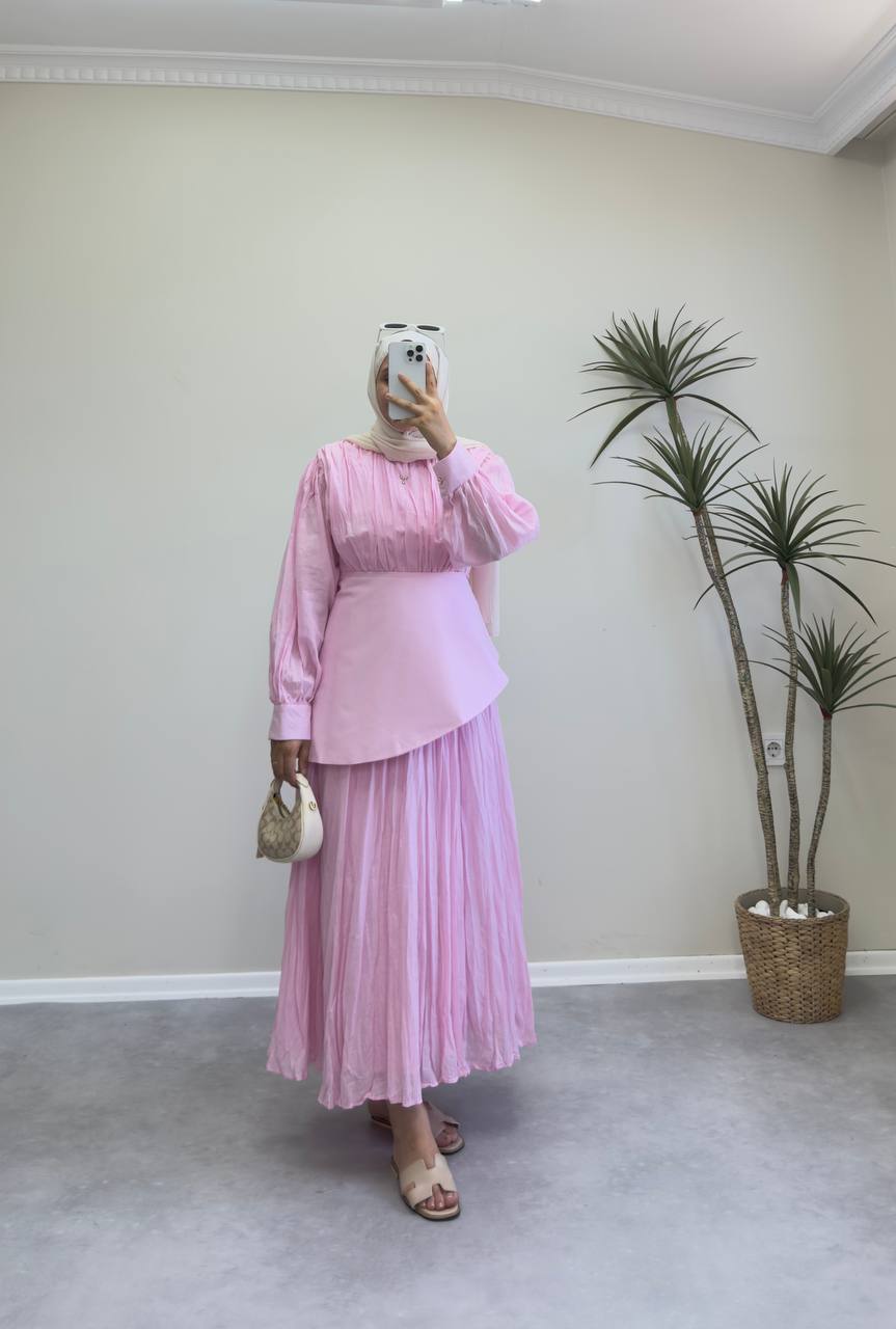 2097 - Oval Kuşaklı Vual Elbise - Pembe