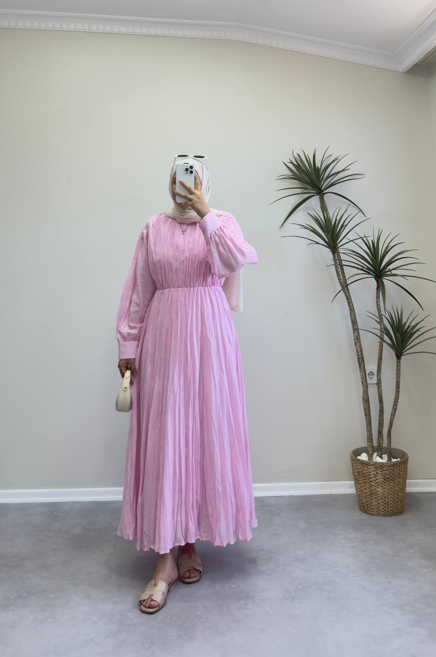 2097 - Oval Kuşaklı Vual Elbise - Pembe