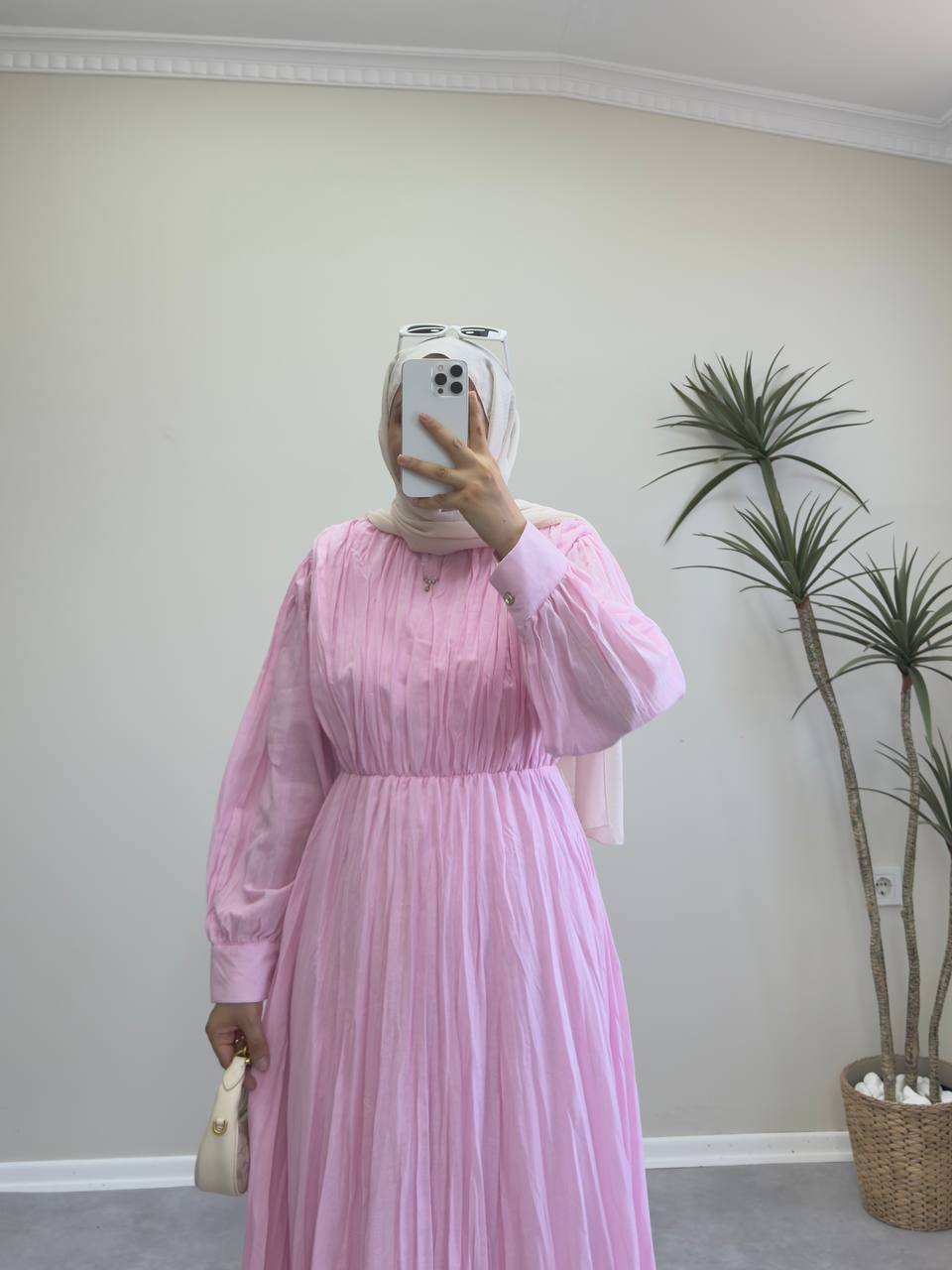 2097 - Oval Kuşaklı Vual Elbise - Pembe