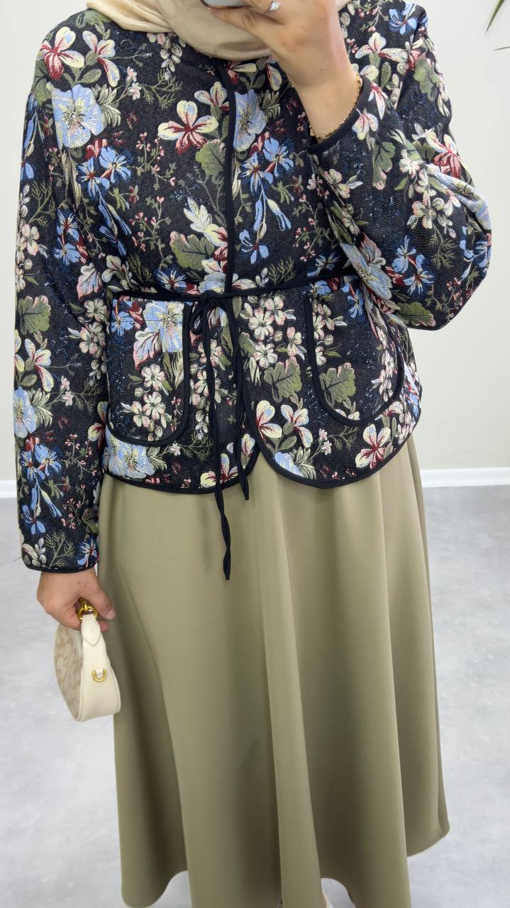 2370 - Jakarlı Ceket - Siyah Çiçekli