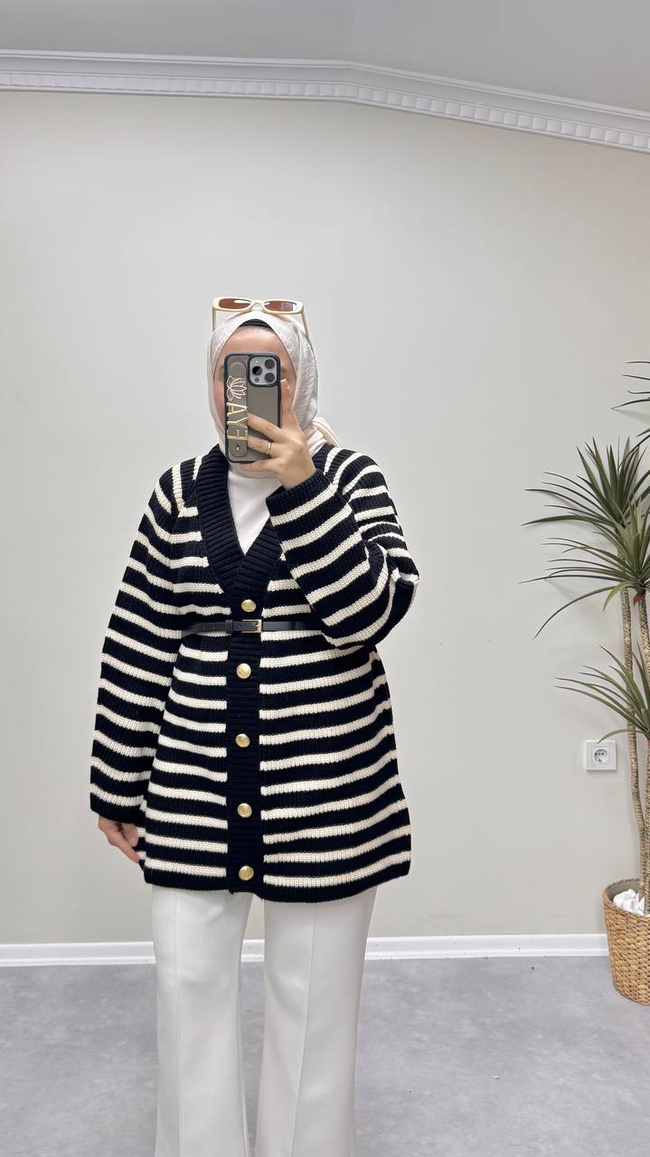 2639 - Çizgili Hırka - Siyah