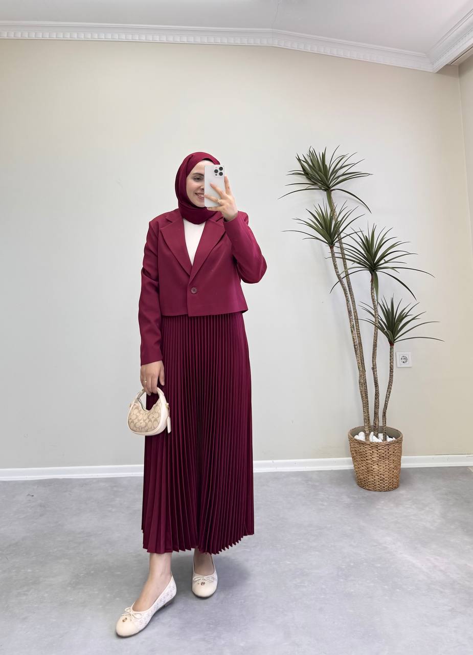 1700 - Ceketli Pileli Etek Takım - Bordo