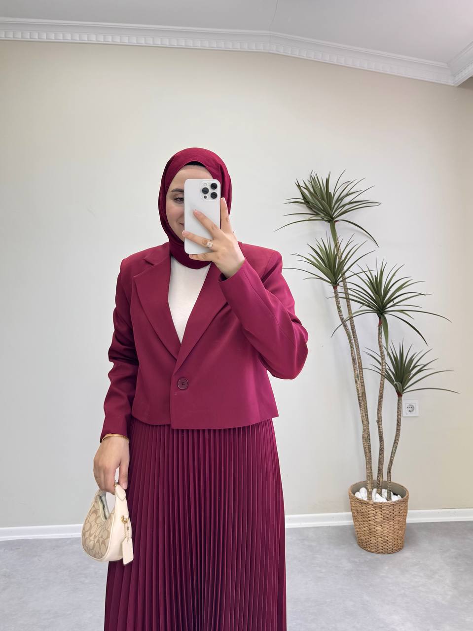 1700 - Ceketli Pileli Etek Takım - Bordo