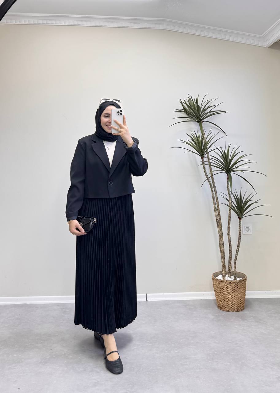 1700 - Ceketli Pileli Etek Takım - Siyah