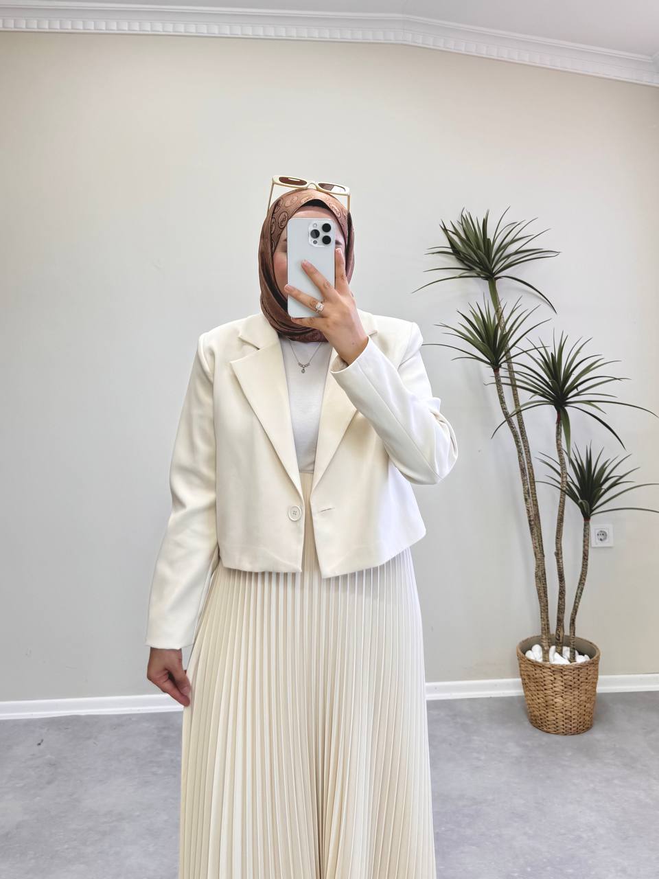 1700 - Ceketli Pileli Etek Takım - Ekru