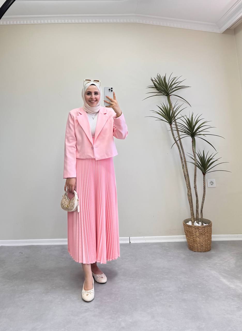 1700 - Ceketli Pileli Etek Takım - Pembe