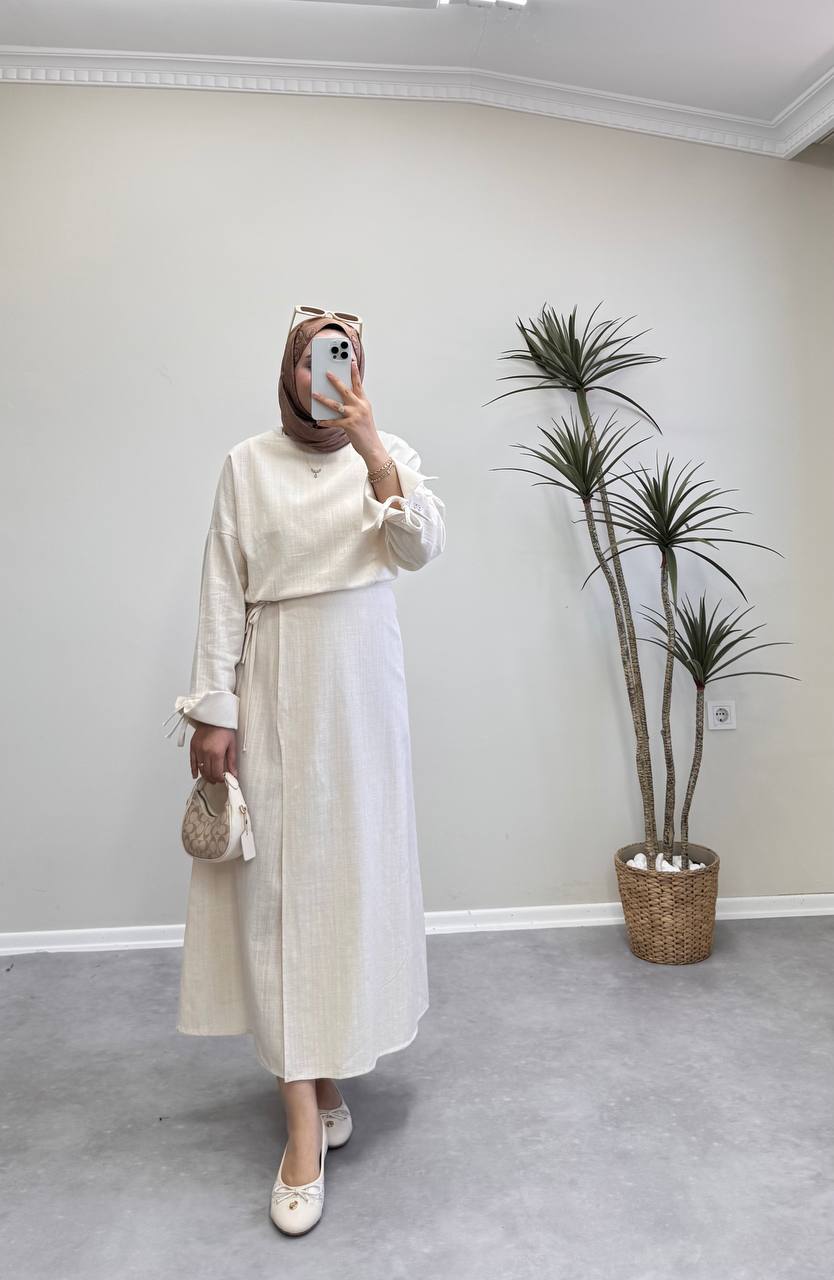 0055 - Çapraz Bağlamalı Etek Takım - Krem