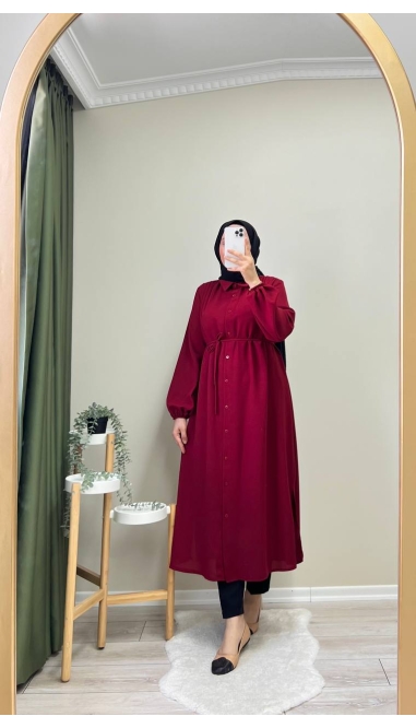 9509 - Belden Bağlamalı Ara Boy Tunik - Bordo