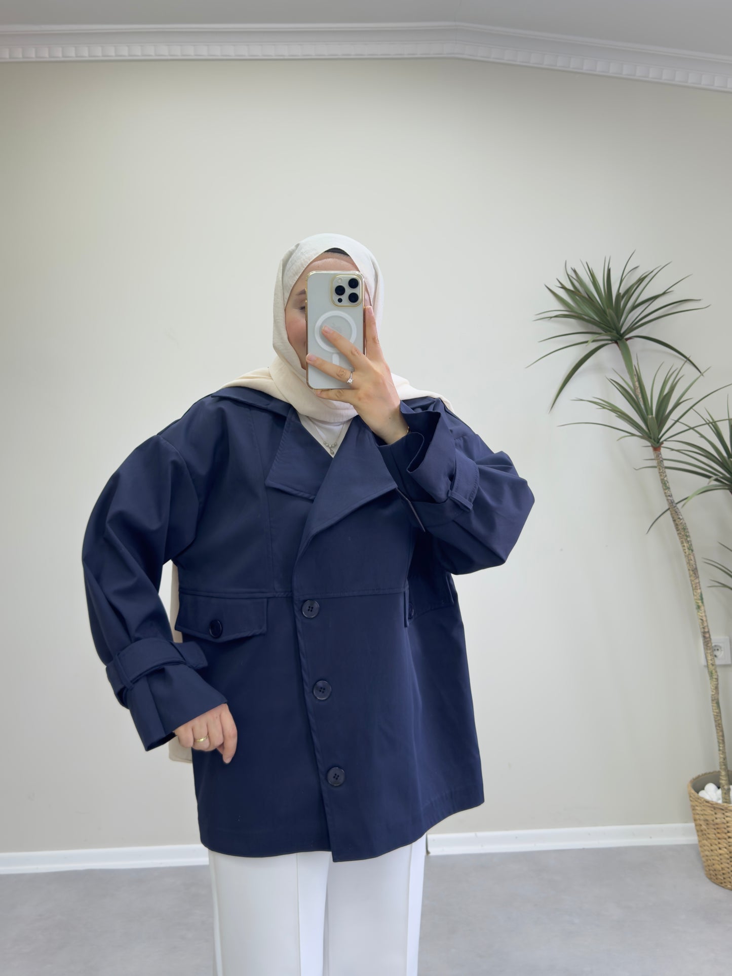 1182 - Düğmeli Trençkot - Lacivert