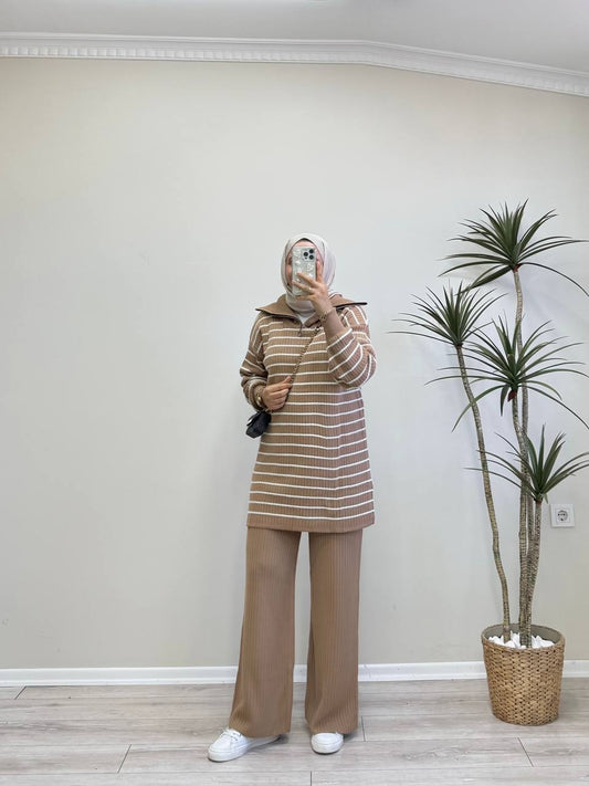 0512 - Çizgili Pant. Takım -Camel