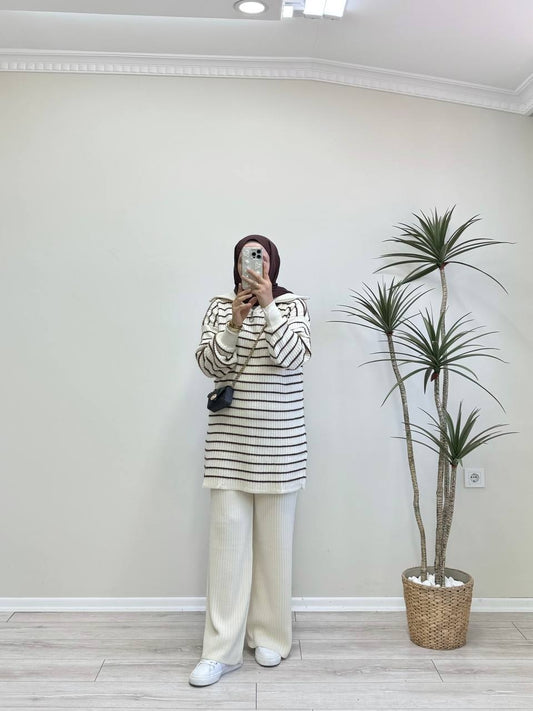 0512 - Çizgili Pant. Takım - Krem