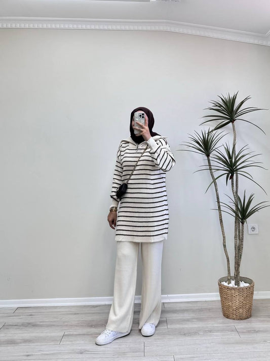 0512 - Çizgili Pant. Takım - Krem