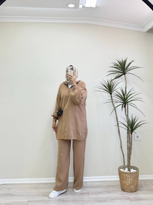 0529 - Düz Triko Pant. Takım - Camel