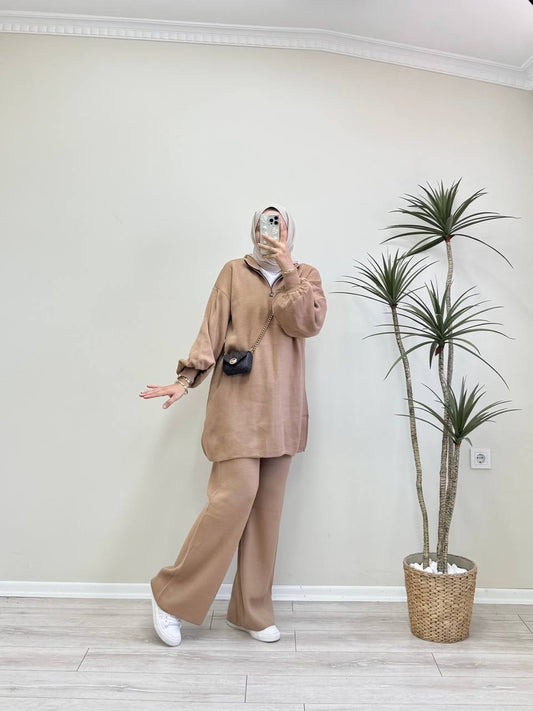 0529 - Düz Triko Pant. Takım - Camel