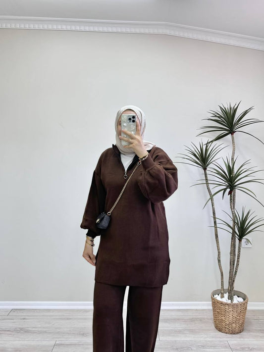 0529 - Düz Triko Pant. Takım - Kahverengi