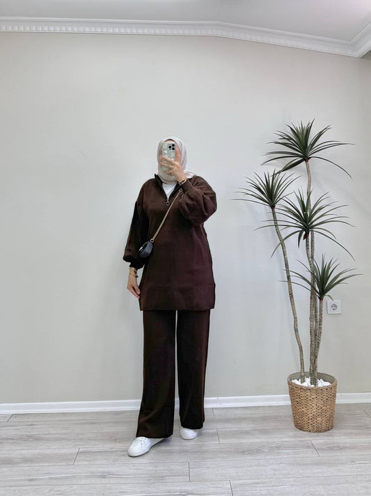 0529 - Düz Triko Pant. Takım - Kahverengi