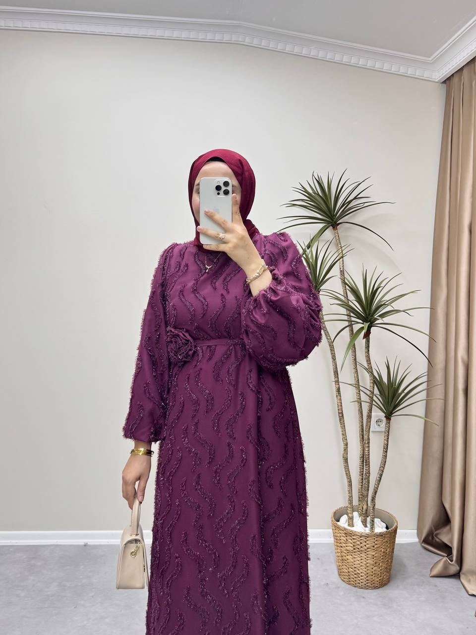 1083 - Parlak Şifon Elbise - Bordo