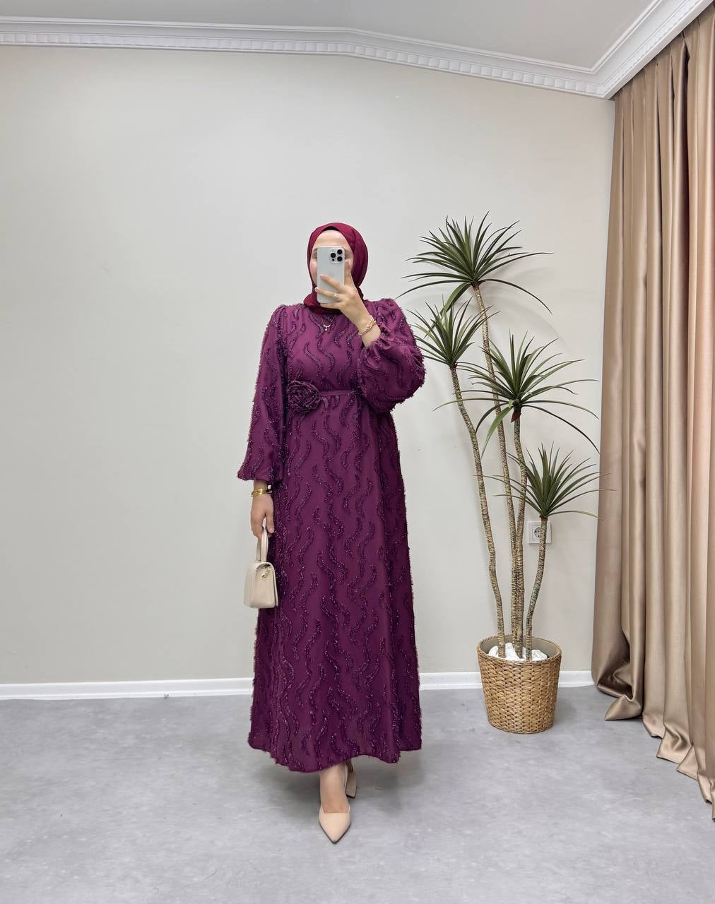 1083 - Parlak Şifon Elbise - Bordo