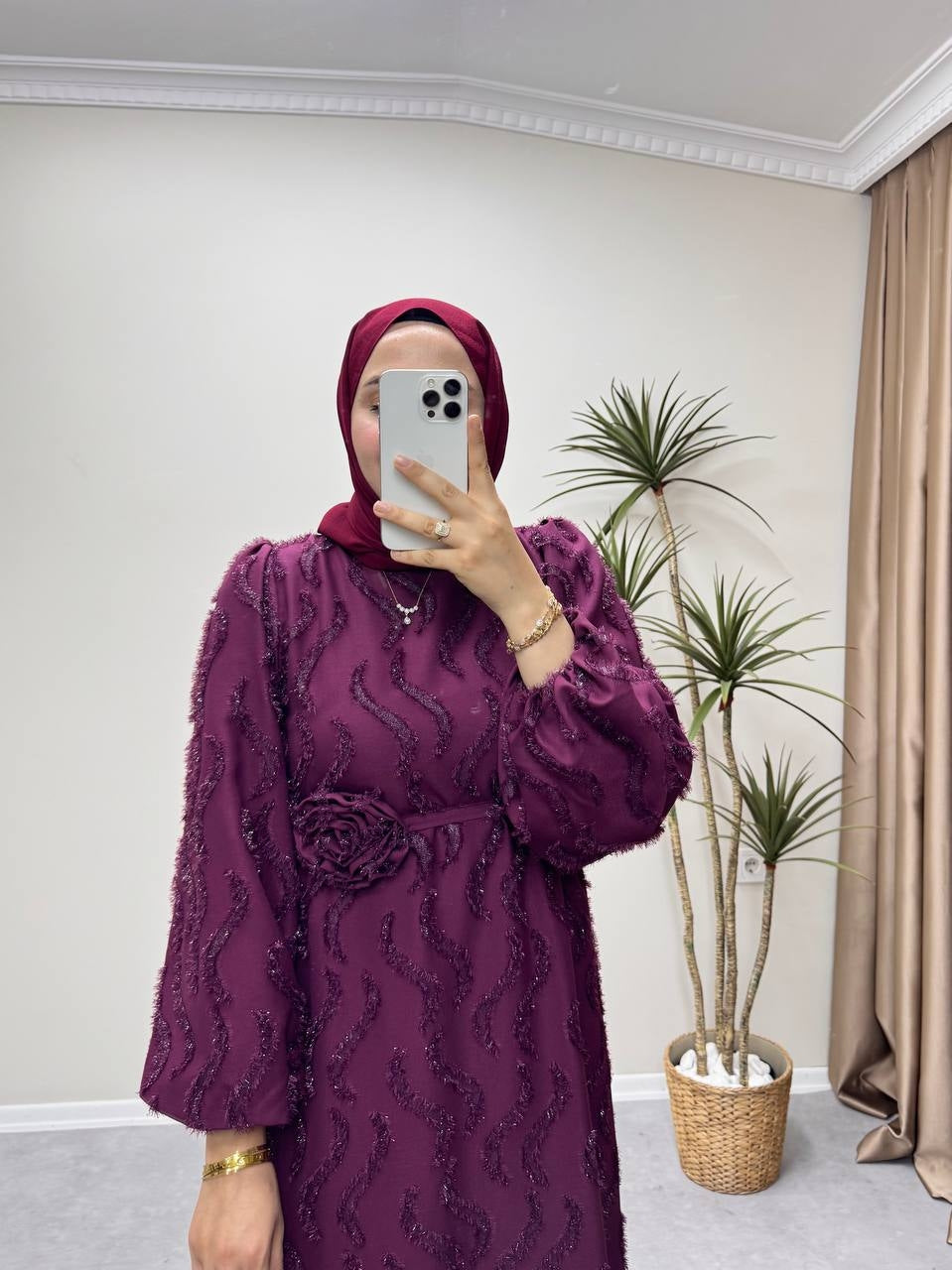 1083 - Parlak Şifon Elbise - Bordo