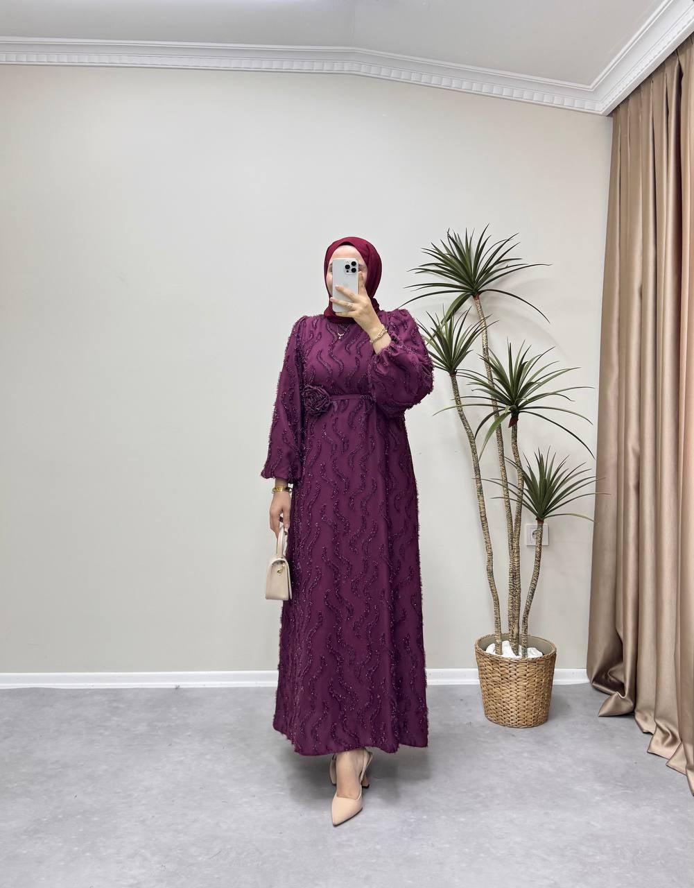1083 - Parlak Şifon Elbise - Bordo