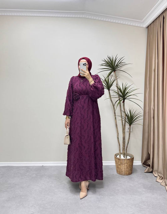 1083 - Parlak Şifon Elbise - Bordo