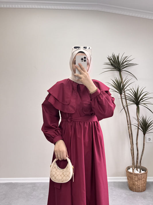1502 - Geniş Yakalı Elbise - Bordo