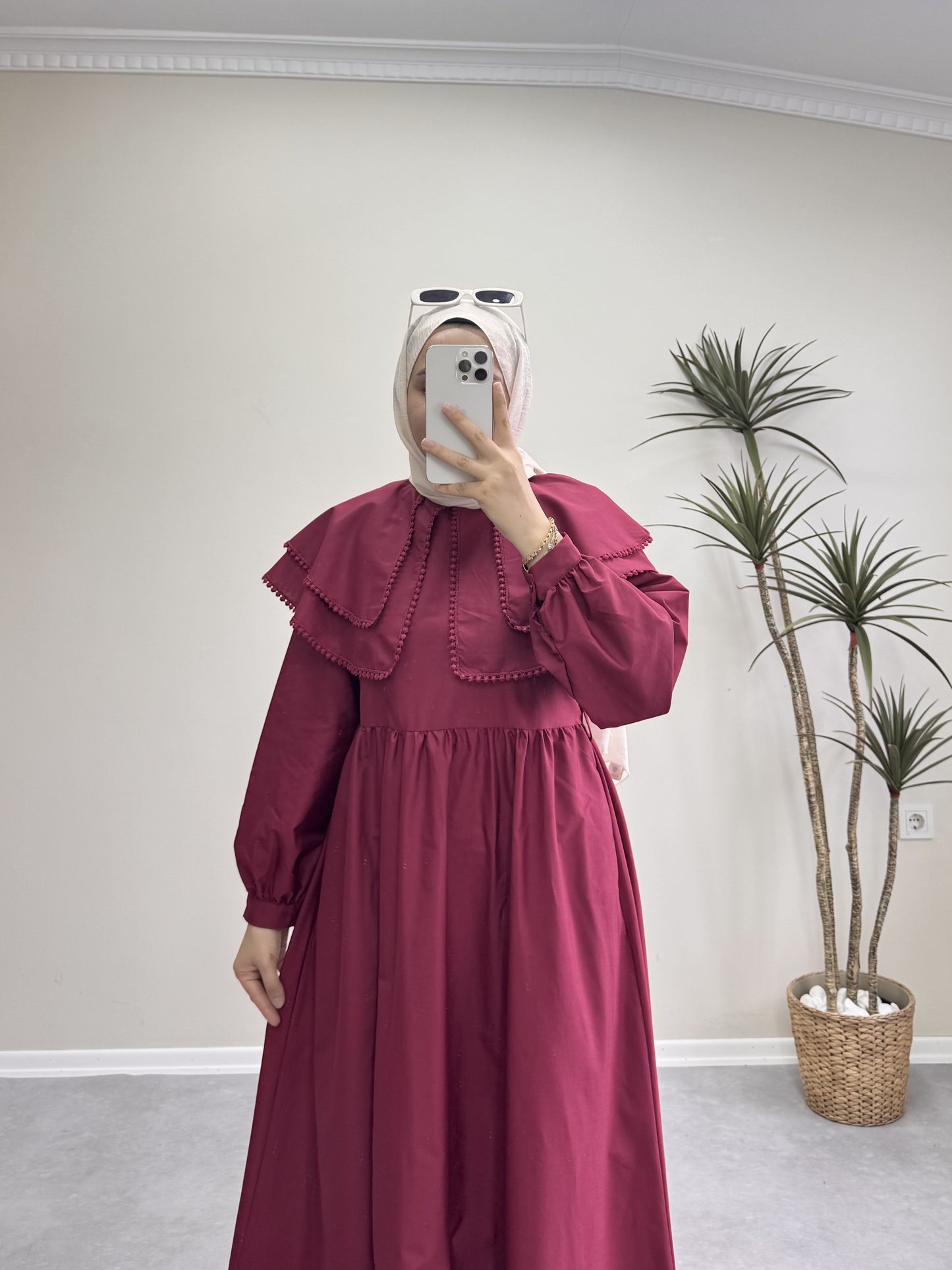 1502 - Geniş Yakalı Elbise - Bordo