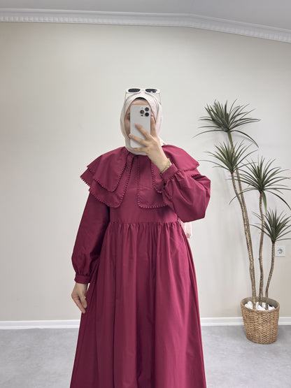 1502 - Geniş Yakalı Elbise - Bordo