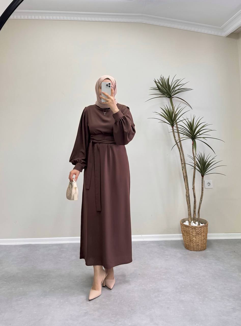 7154 - Kemerli Kalem Elbise - Kahverengi