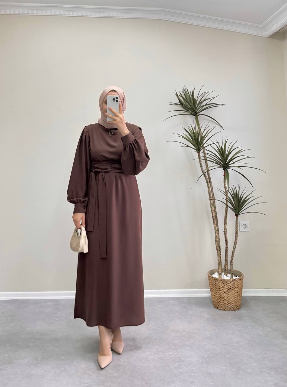 7154 - Kemerli Kalem Elbise - Kahverengi