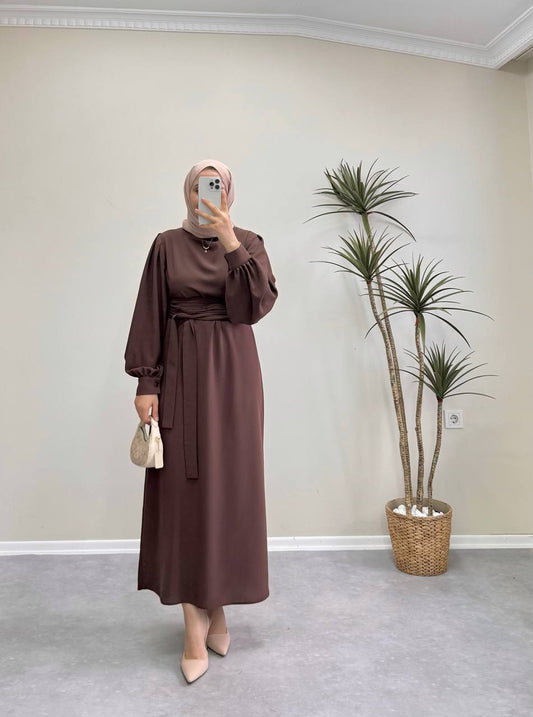 7154 - Kemerli Kalem Elbise - Kahverengi