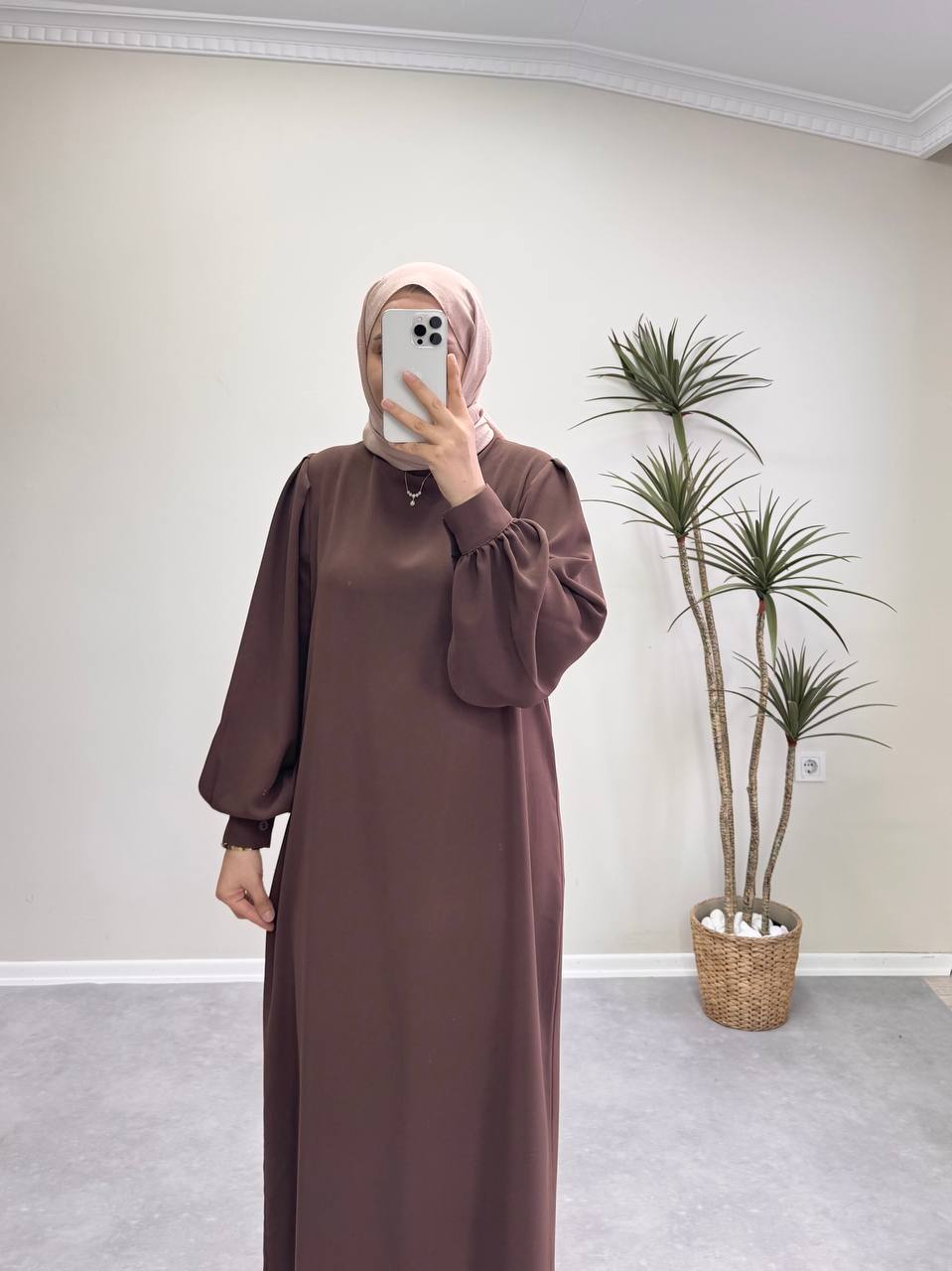 7154 - Kemerli Kalem Elbise - Kahverengi