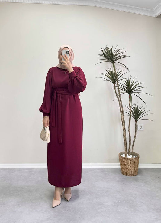 7154 - Kemerli Kalem Elbise - Bordo