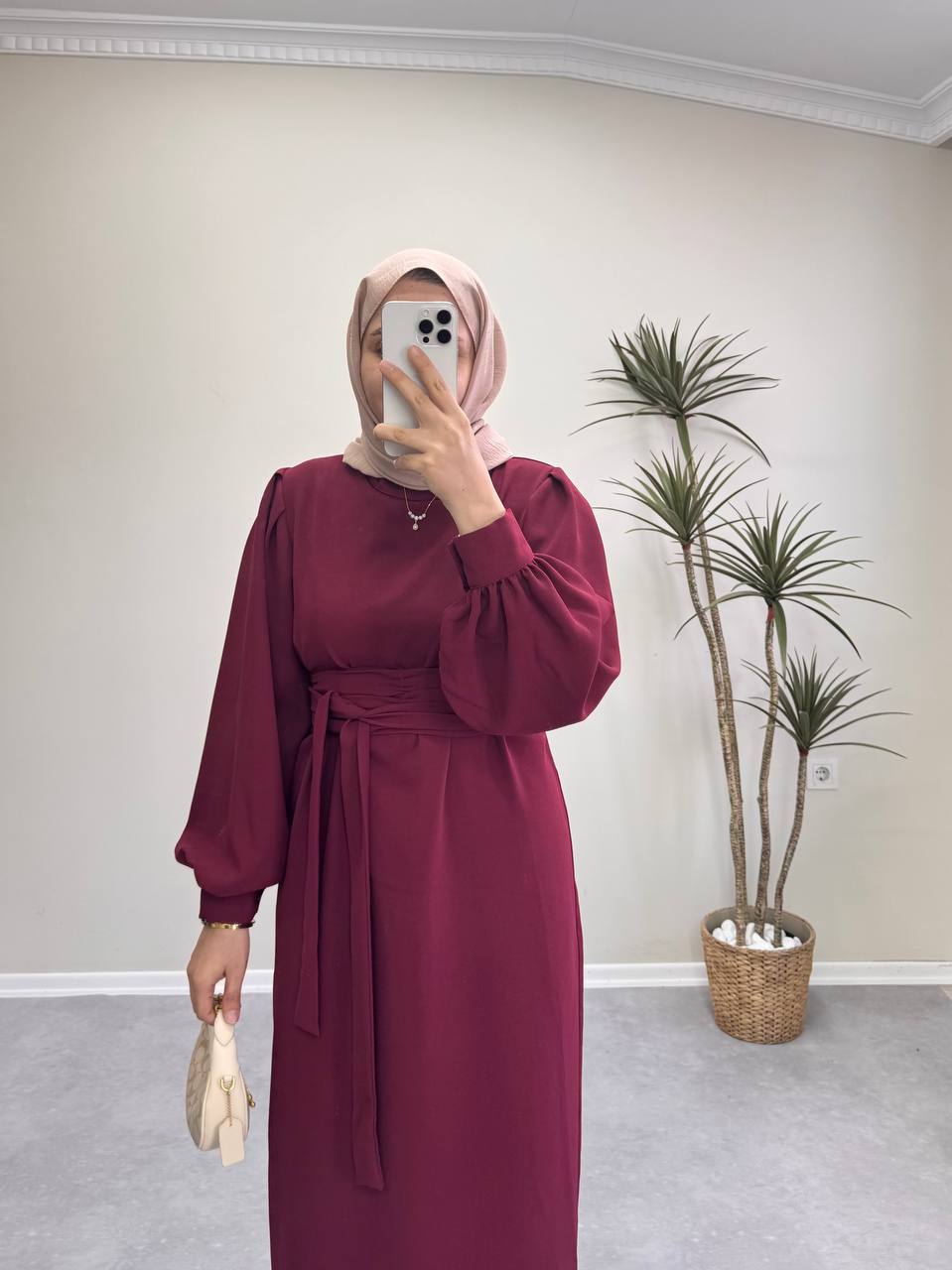 7154 - Kemerli Kalem Elbise - Bordo
