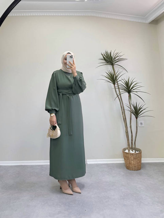7154 - Kemerli Kalem Elbise - Haki