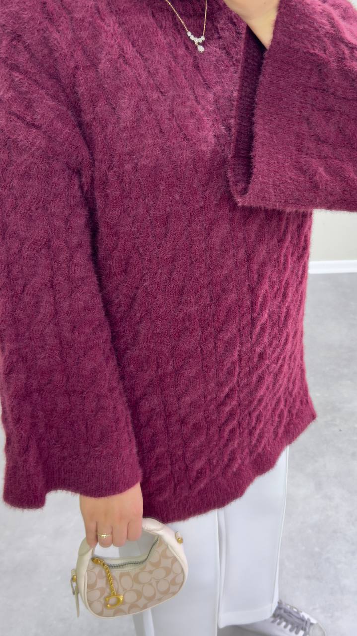 2653 - Örgülü Triko Kazak - Bordo