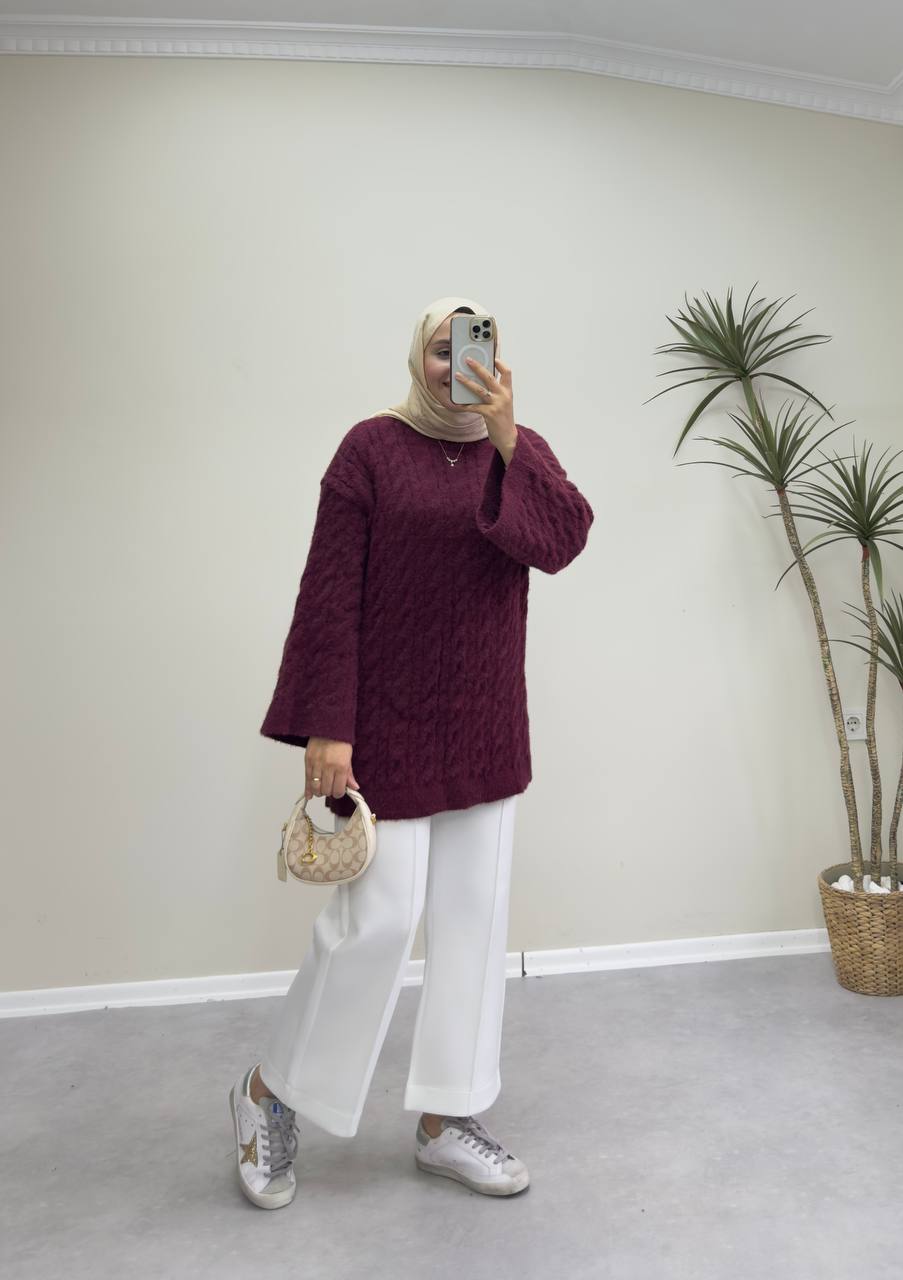 2653 - Örgülü Triko Kazak - Bordo