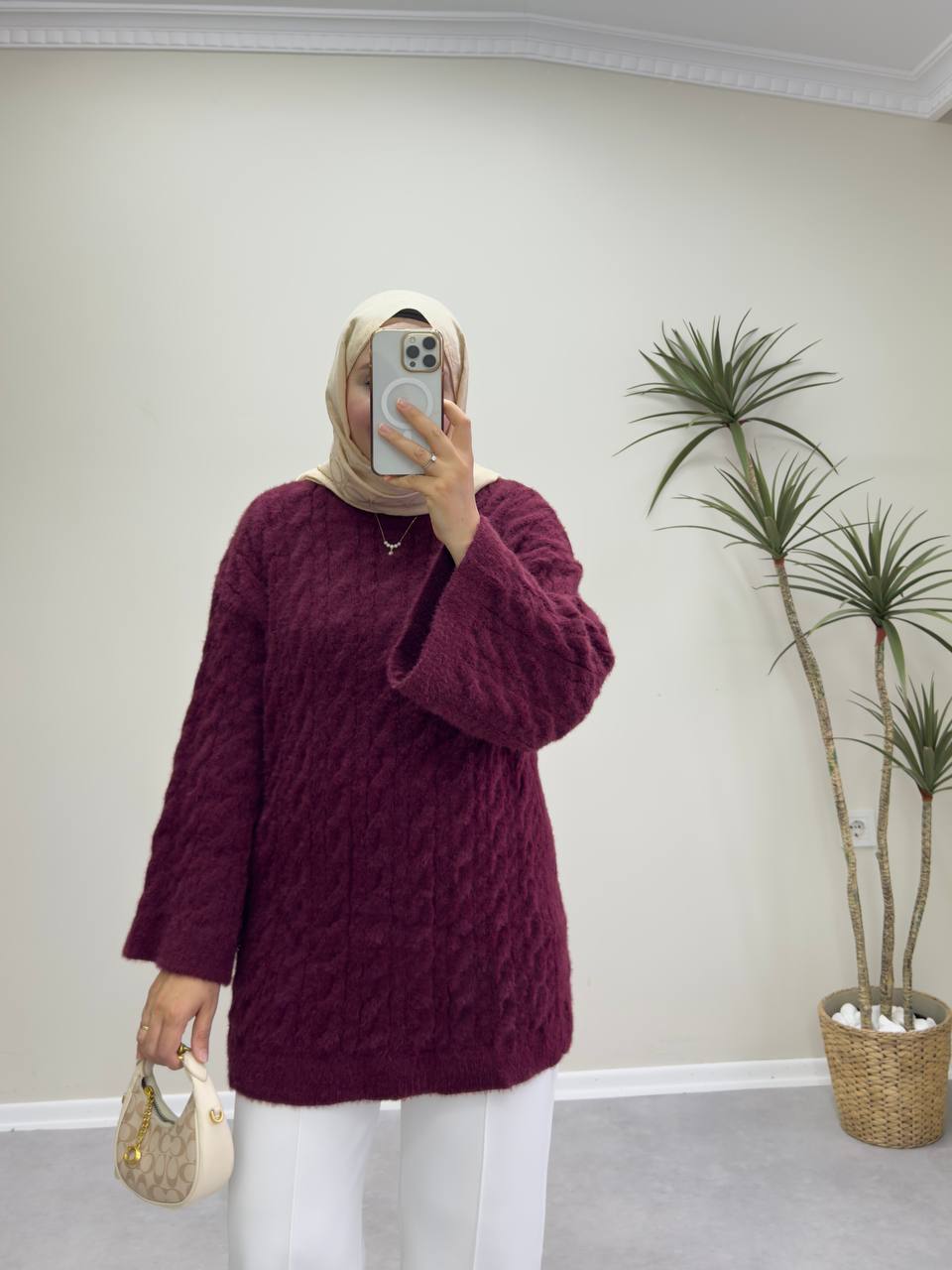 2653 - Örgülü Triko Kazak - Bordo