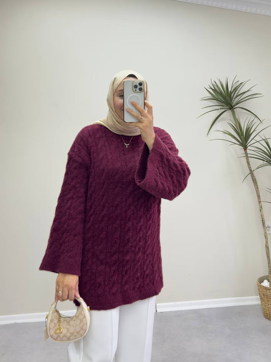 2653 - Örgülü Triko Kazak - Bordo