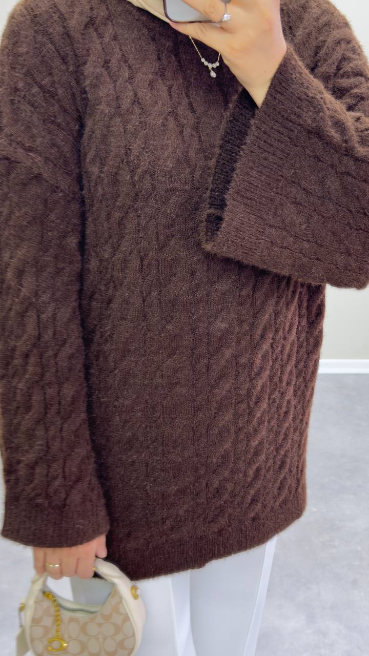 2653 - Örgülü Triko Kazak - Acı Kahve