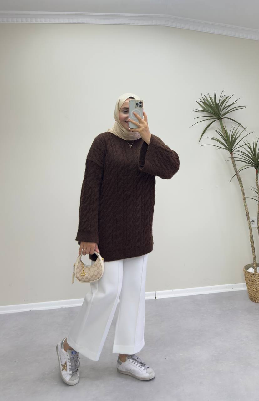 2653 - Örgülü Triko Kazak - Acı Kahve