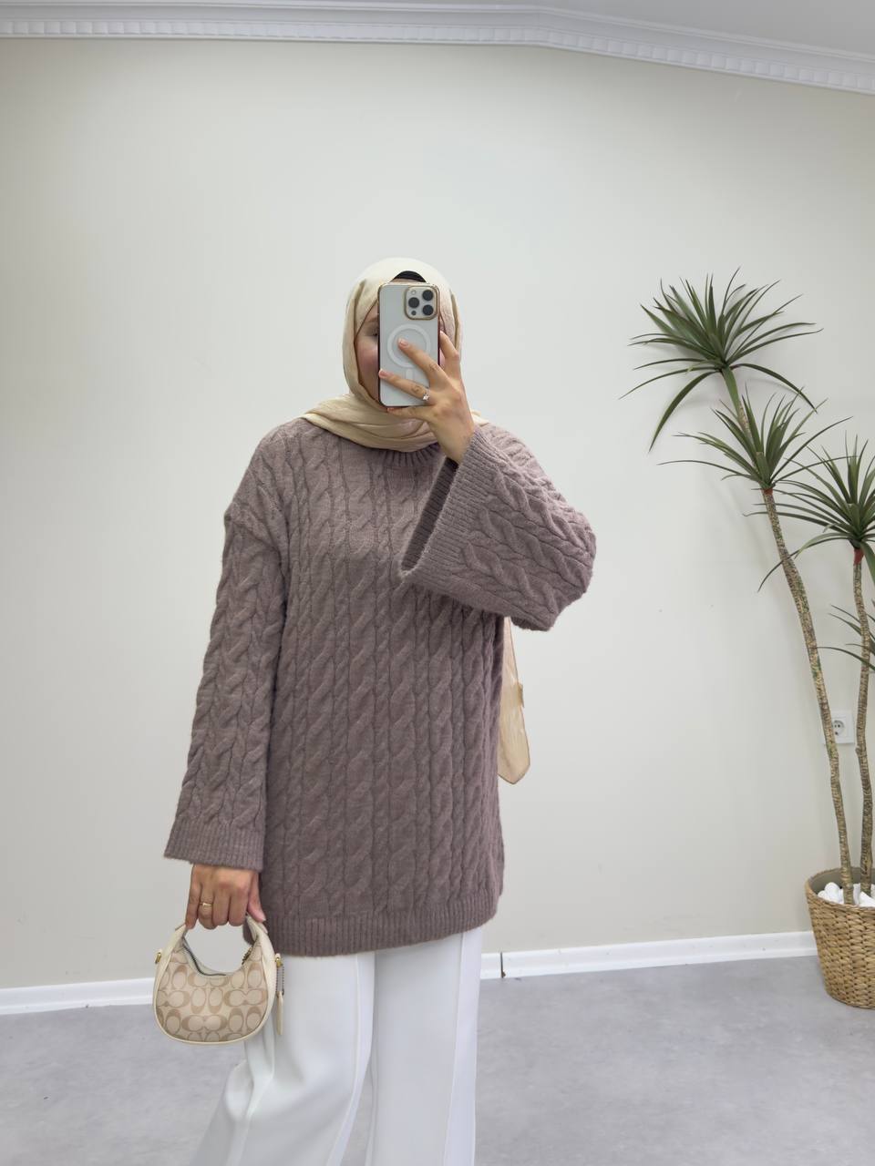 2653 - Örgülü Triko Kazak - Vizon