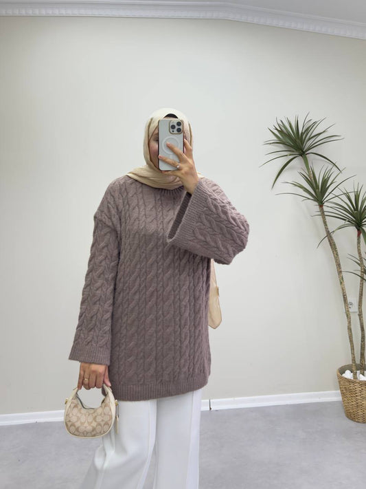 2653 - Örgülü Triko Kazak - Vizon