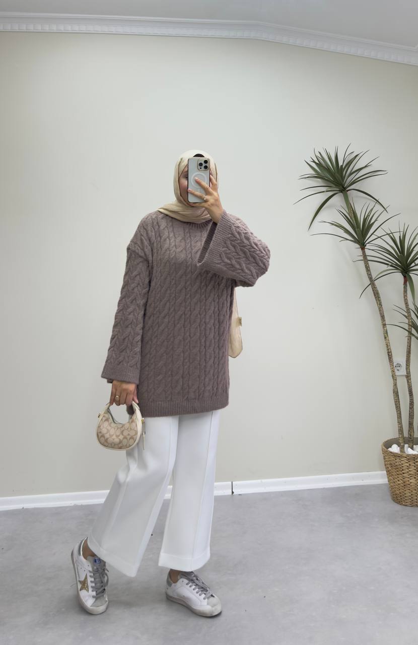 2653 - Örgülü Triko Kazak - Vizon